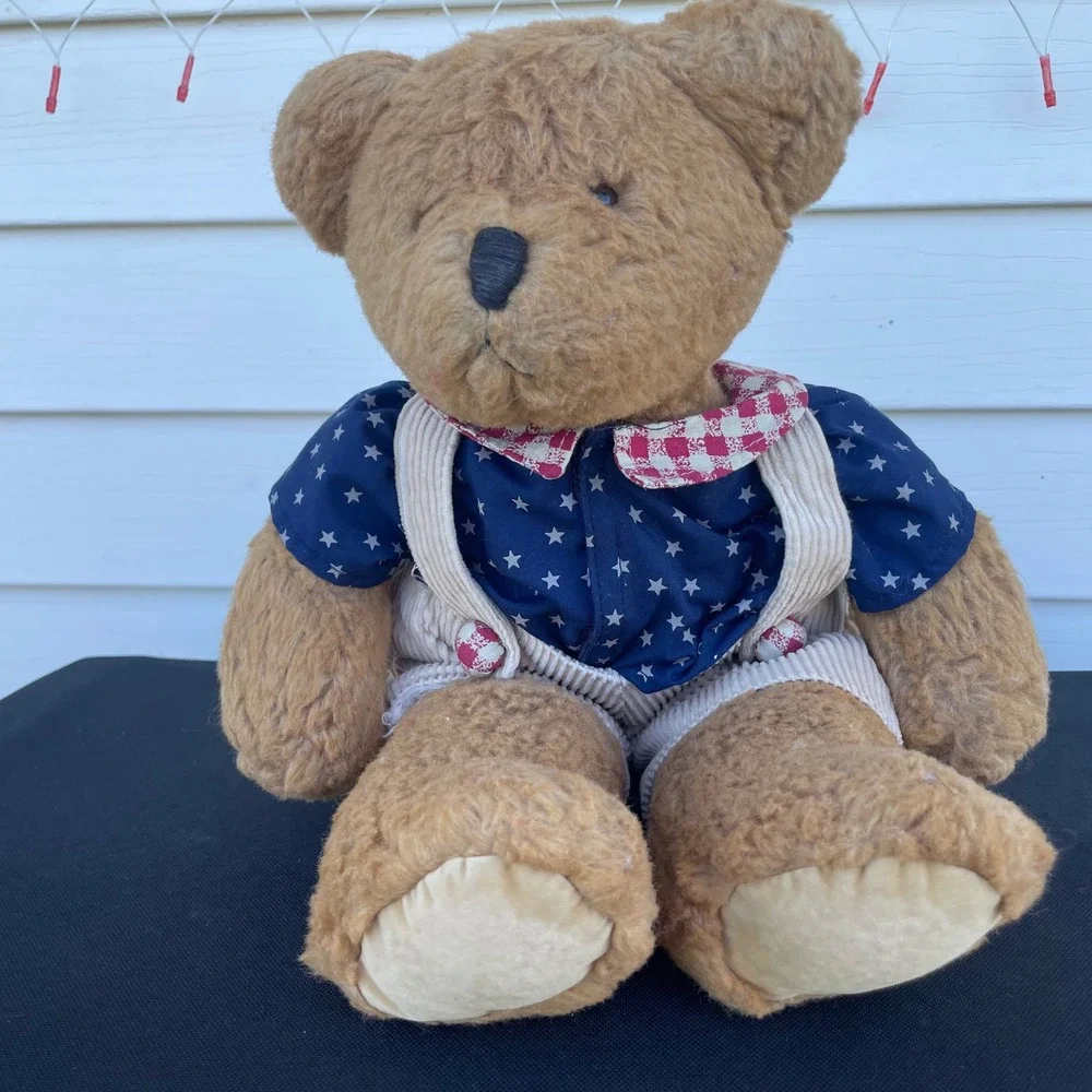Russ Berrie Franklin Teddy Bear Vintage Plush Patriotic Stars Corduroy Overalls